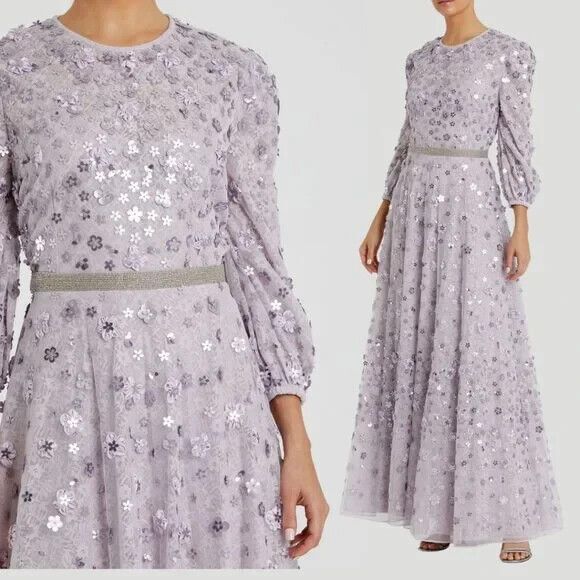 Mac Duggal 93805 Women‎ SZ 8 Floral Applique Puff Sleeve High Neck Gown Lavender - Picture 1 of 7
